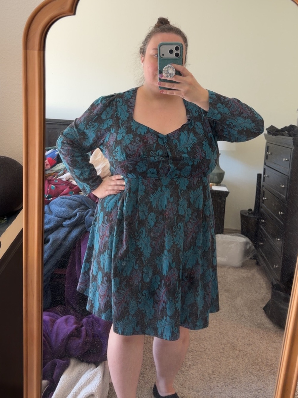 ModCloth Dress Womens 3X Long Sleeve Sweetheart Neck Fit & Flare Blue Floral